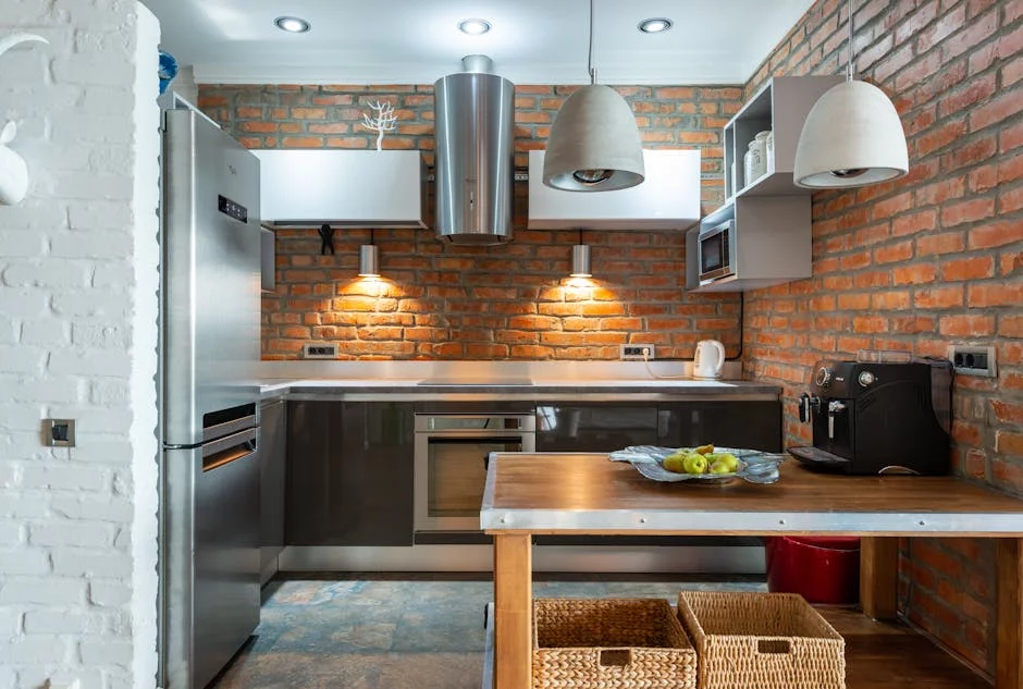rustic brick oven kitchen with hanging lights